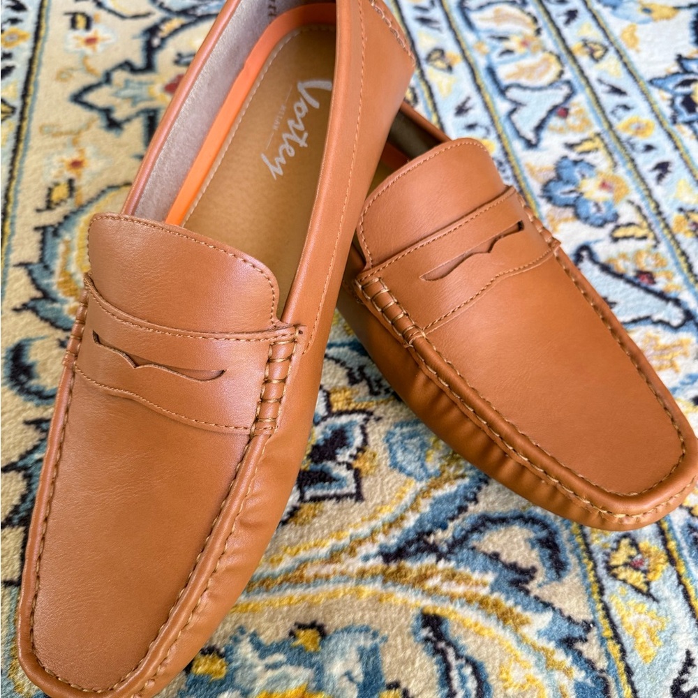 Vostey Tan Leather Slip-On Loafers with Penny Slot